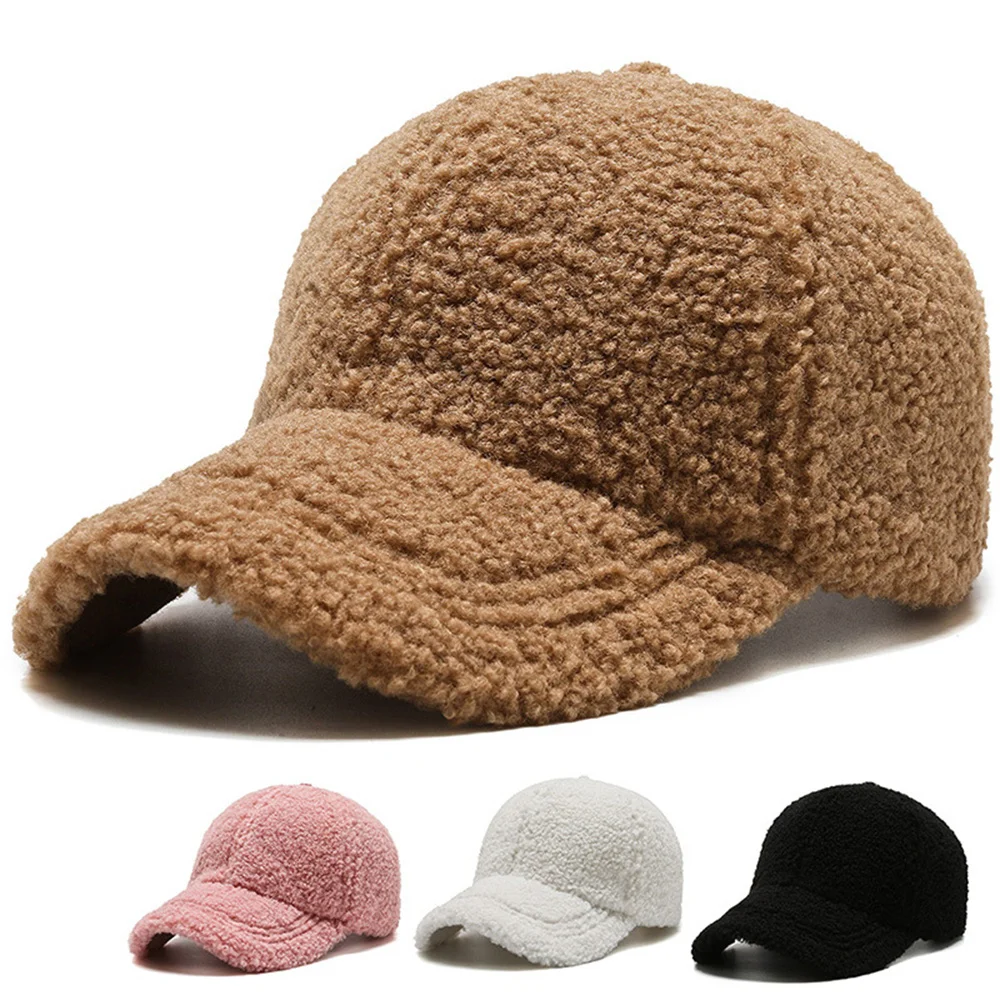 Autumn Winter Baseball Cap Women Artificial Lamb Wool Keep Warm Plush Sunshade Vintage Fashion Casual Solid Color Casquette Caps