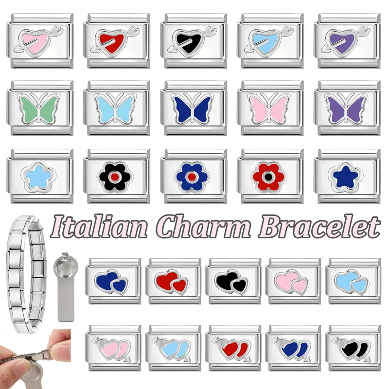 New Heart Flower Butterfly Italian Charm Links Stainless Steel Fit 9mm Bracelet Men Women DIY Making Gifts