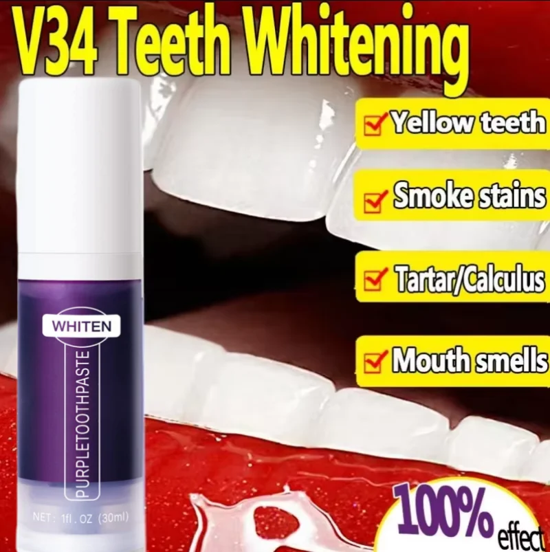 V34 Teeth Whitening Purple Toothpaste Remove Teeth Breath Whitening Brightening Essence Corrector Color Care Oral Stain Free