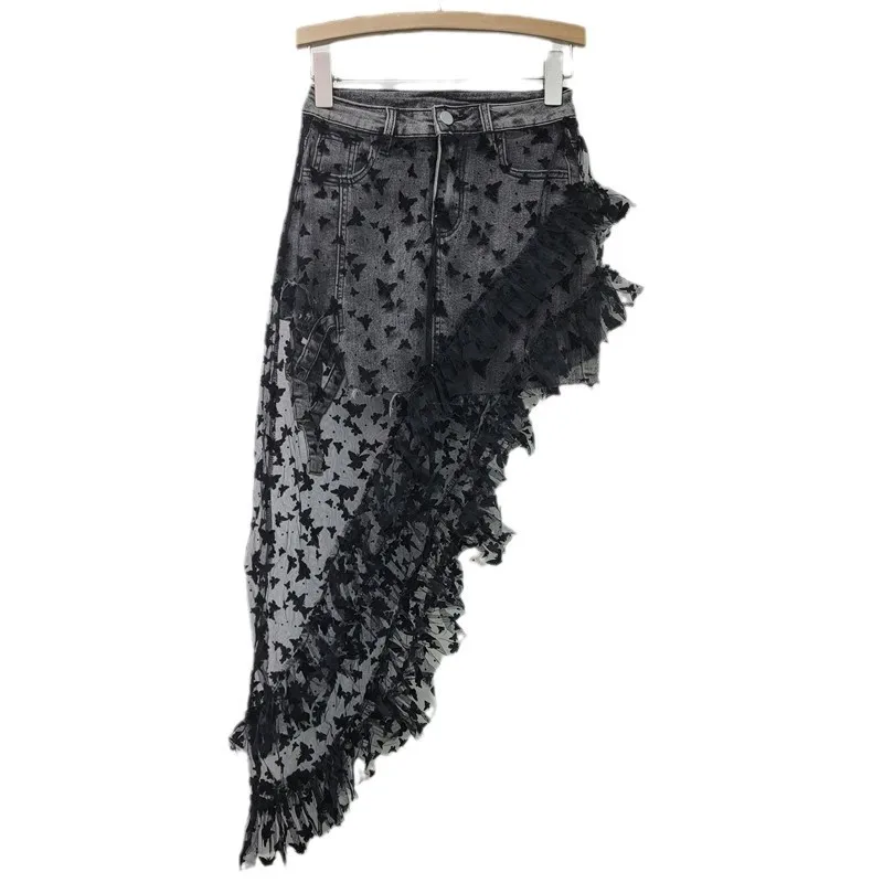 American Fashion Irregular Mesh Embroidery Butterfly Skirt Splicing Denim Elastic A Line Short Skirt Women Clothing 2025 New
