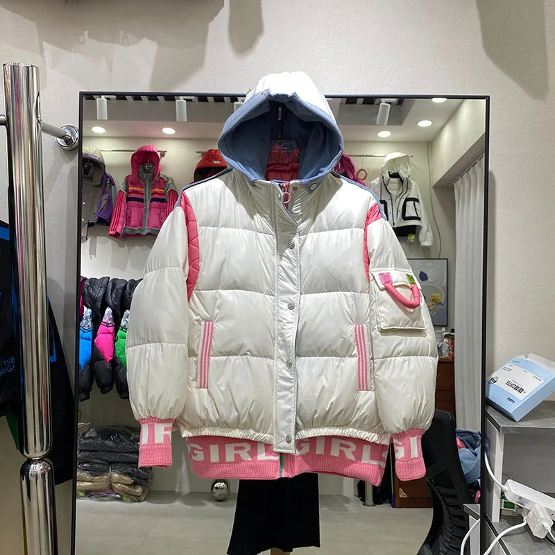 2025 New Winter Contrast Color Women Hooded High Quality Fashion Casual Loose Letter Printing Thicken White Duck Down Coat