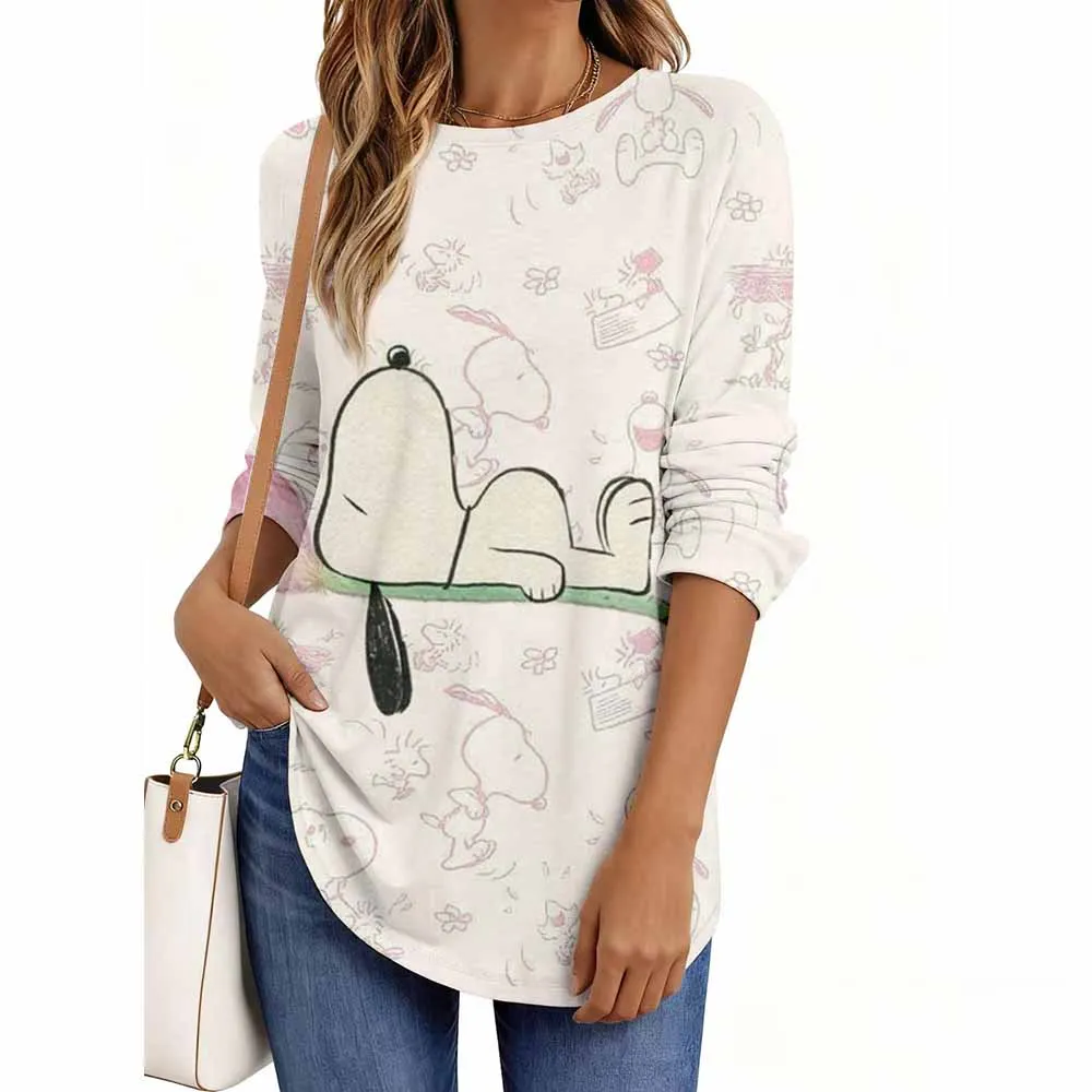 Snoopy print Ladies' Spring and Autumn Clothing Colorful Snoopy Printed T-shirt Long Sleeve Round Neck Casual Top
