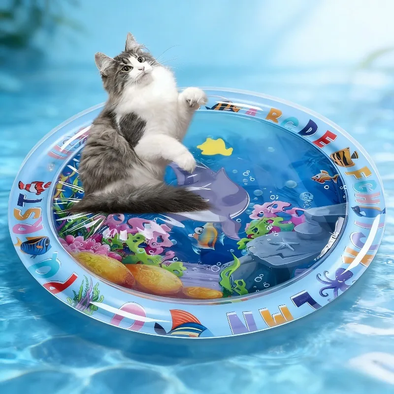 Tapete Sensorial Inflável Grande para Animais de Estimação com Design de Animais Marinhos, Tapete de Atividades para Cães e Gatos, Brinquedo Espesso à Prova de Respingos com Peixes