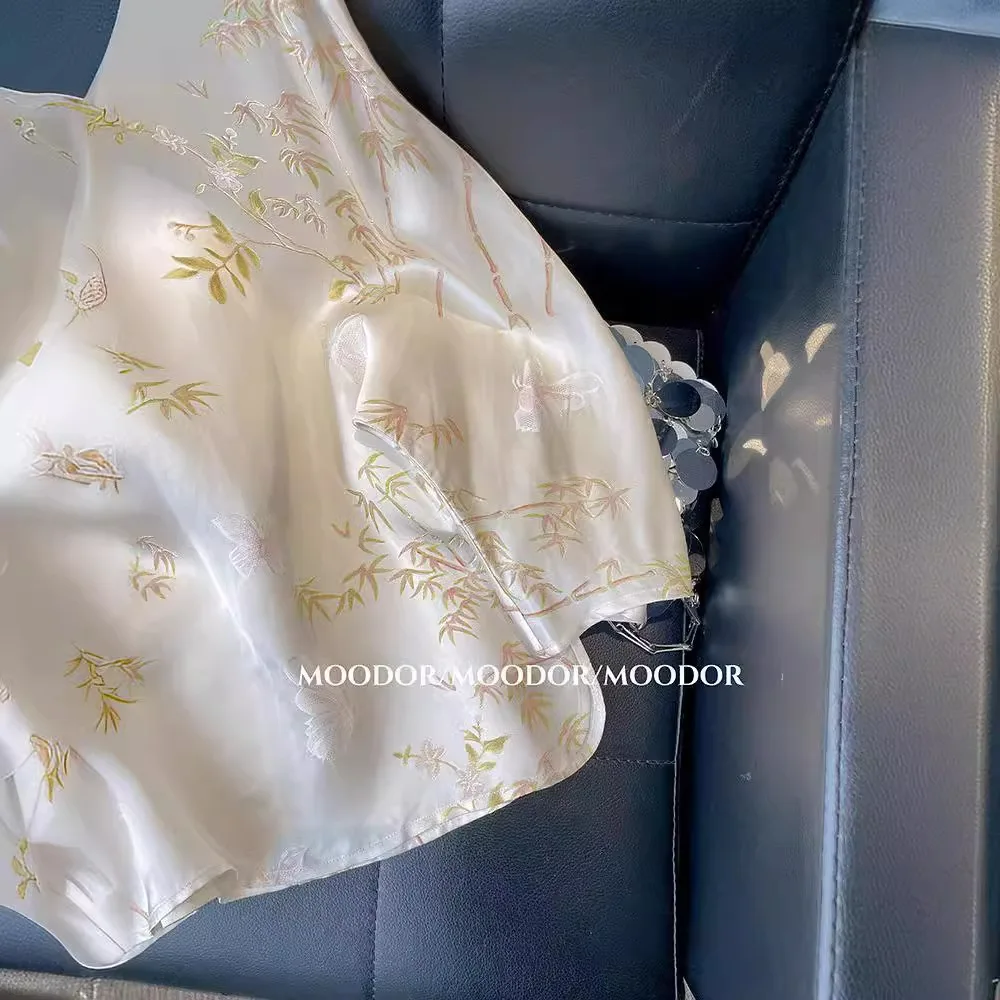 جديد النمط الصيني الخيزران المطبوعة فضفاضة قصيرة الأكمام جولة الرقبة قميص المرأة الصيف خمر بلوزة الشباب