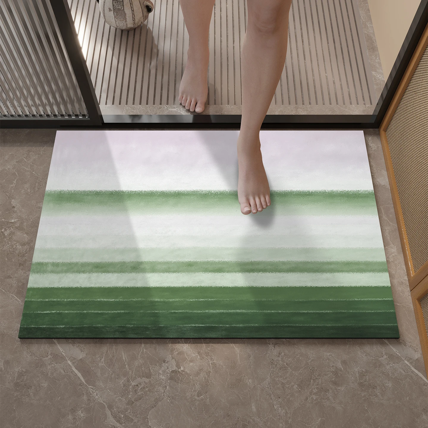 Alfombra de suelo de barro de diatomeas verde, flor simple moderna, puerta de baño, puerta de inodoro, estera de pie antideslizante con absorción de agua, estera de puerta de secado rápido