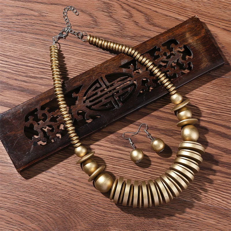 African Jewelry Set Wood Beads Necklace Set Bohemia Vintage Beaded Choker for Women Earrings Set Wedding Party Jewelry Gifts