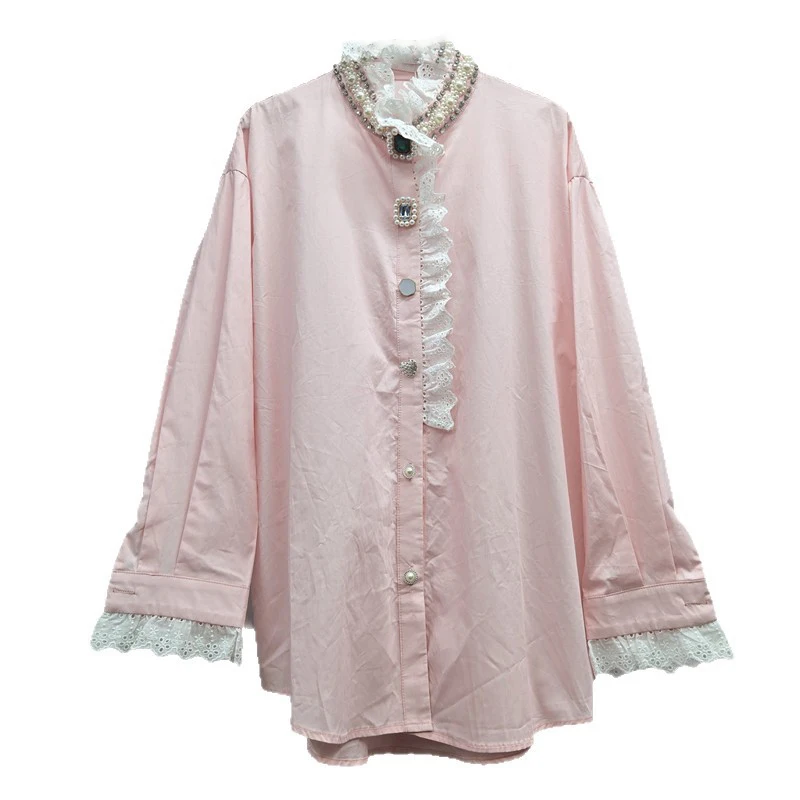 WTHT Mode Nieuwe vrouwen Gesplitste Verstoorde Rand Kant Diamanten Gesp Shirt 2025, Herfst Trendy Stand Kraag Blouse Vrouwelijke 1LS2748