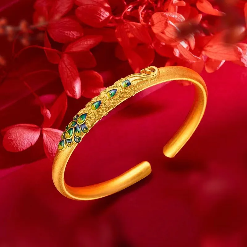 Kryos Jewelry 9999 genuine gold 24K gold antique peacock screen enamel gemstone gold bracelet fashion gold jewelry open bracelet