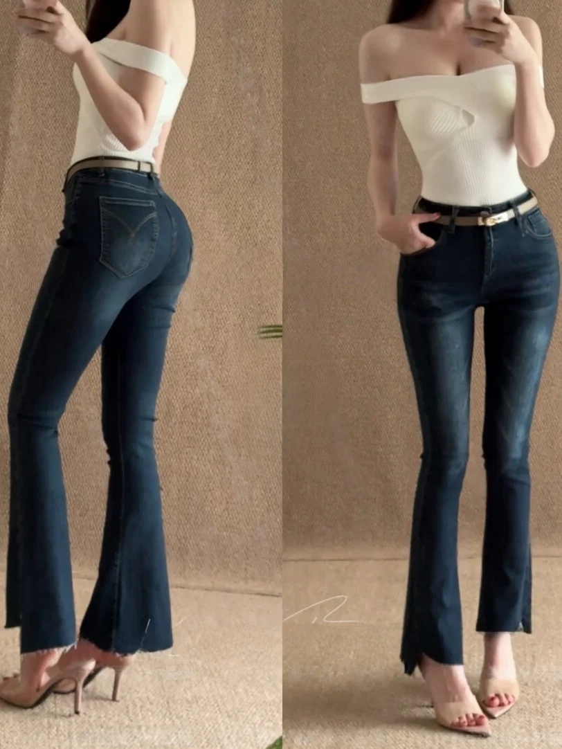 

American Style High Waist Slimming Denim Jeans Women's High Waist Bell Bottom Nine Point Elastic Stretchy Ladies Jeans