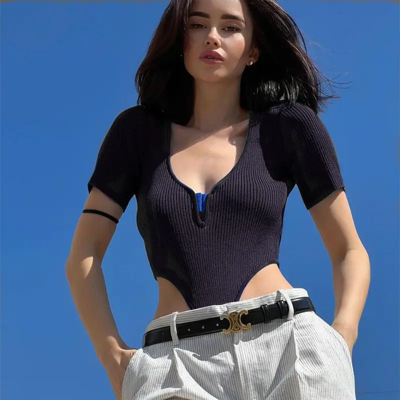 Sexy high fork expose waist deep V-neck short sleeve bodysuits women's clothing summer street dance style slim-fit tops