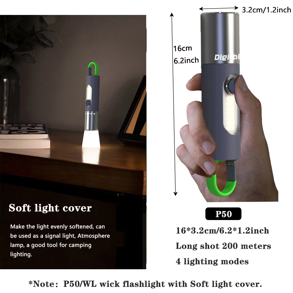 Linterna LED recargable por USB de alto lúmenes con zoom, luz lateral COB, reflector de 4 modos para acampar al aire libre