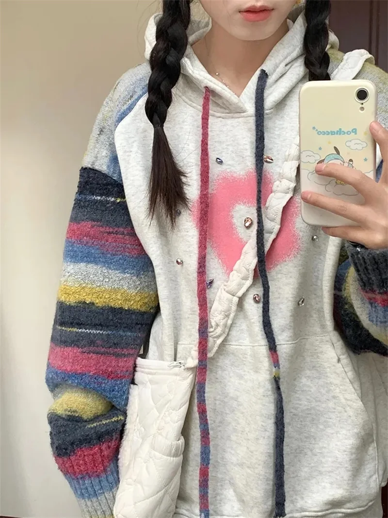 Classic Color Scheme Oil Painting Colorful Gauze Patchwork Raglan Sleeves Women Brick Inlaid Women Printed Loose Hooded Top