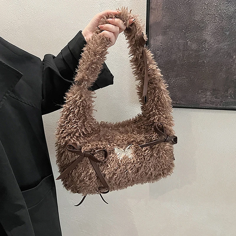 Faux Fur Fluffy Bowknot Hobo Shoulder Bag,Women Minimalist Slouchy Top Handle Handbag,Soft Plush Commute Tote Bag,Fall/Winter