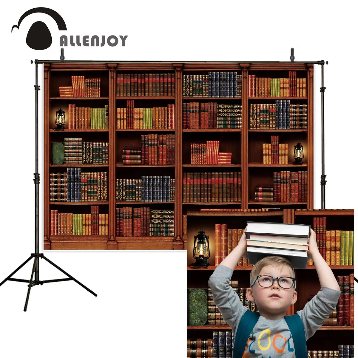 Allenjoy คลาสสิก Bookshelf ฉากหลัง Library ตู้หนังสือไม้ตกแต่งวอลล์เปเปอร์ศึกษาเด็กภาพพื้นหลัง