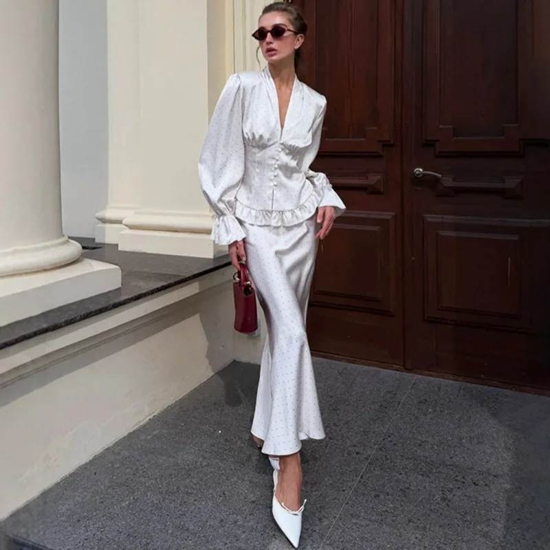 

Tuularose Printed Maxi Skirt 2-piece Set Women's V-neck Polka Dot Ruffle Tops Elegant Skirt Set Summer Party Women's Dress Sets