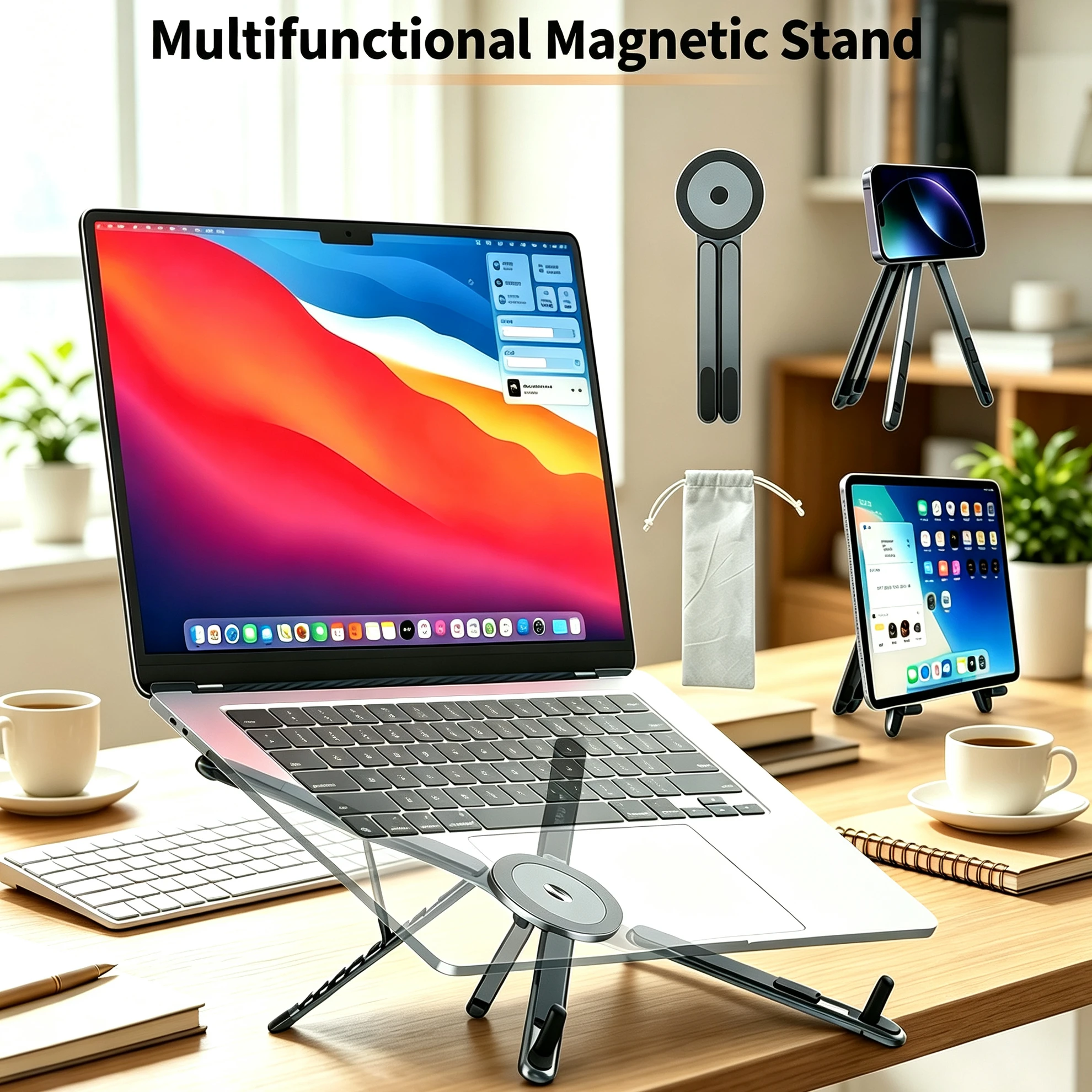 3-in-1 Adjustable Laptop Stand Multifunctional Magnetic Phone Holder Tripod for iPhone iPad MacBook Tablet Foldable Metal Stand