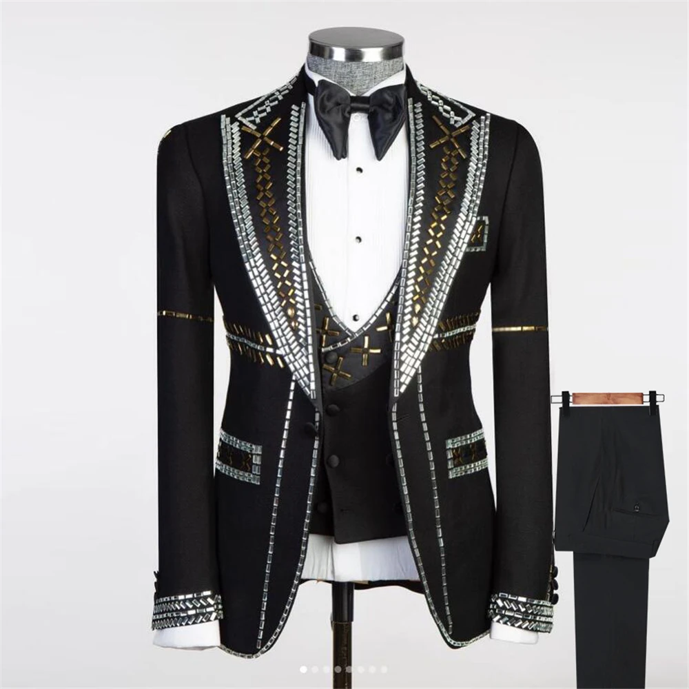 

Black Wedding Suits Formal Banquet Party Metallic Jewelry Ornament Blazer Vest Pants 3 Pieces Groom Tuxedos Custom Male Clothing