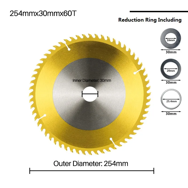 Cmcp 254Mm Snijgereedschap Cirkelzaagblad Disc 60 Tanden Tct Zaagblad Tin Coating Hout Snijden Disc Carbide zaagblad