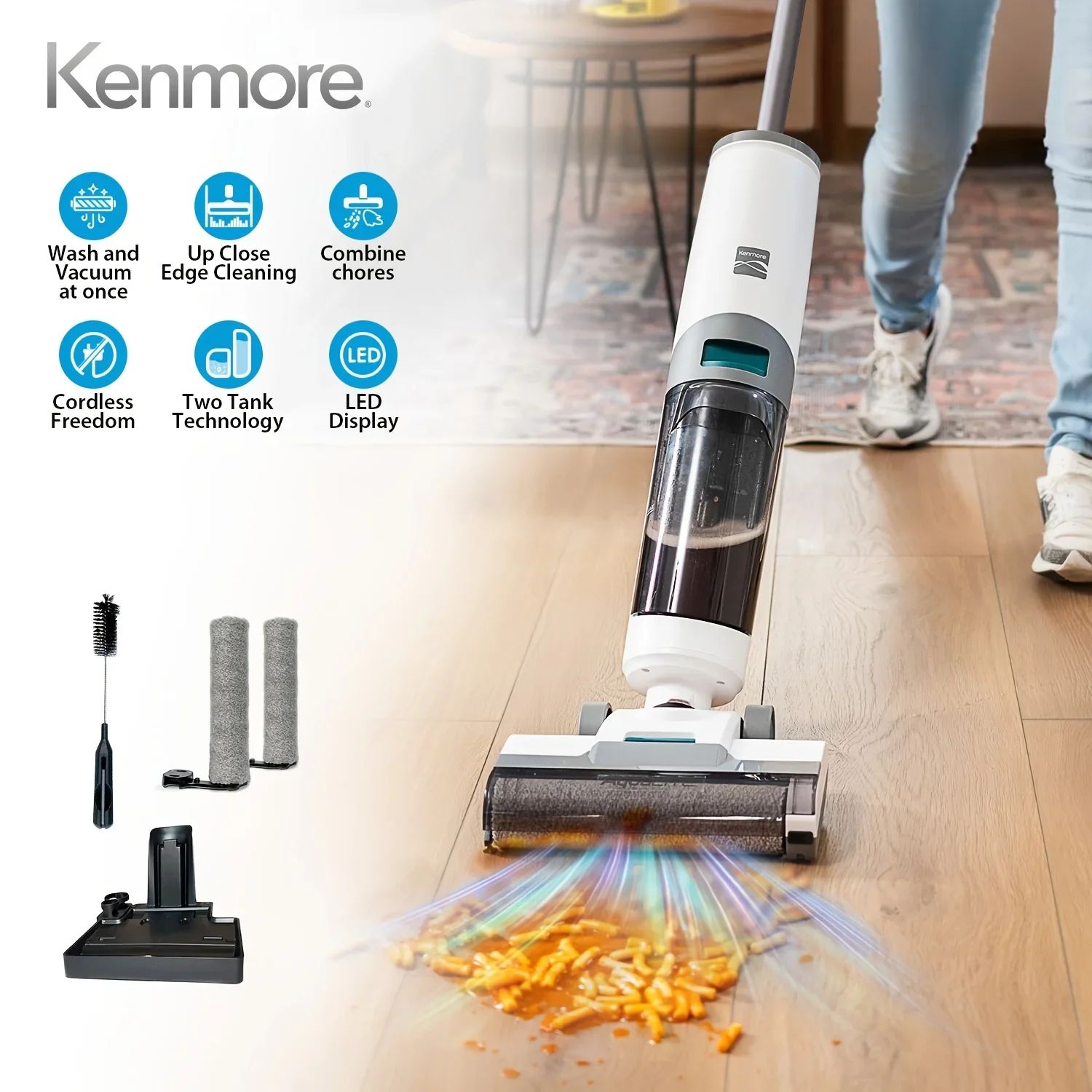 

KEEHOME Kenmore AquaLite 3-in-1 Cordless Wet Vacuum 8kPa Hard Floor Cleaner with Automatic Air-Drying, 35mins Runtime & One Edge Self-Cleaning Mop for Multi-Surface And Messes, White