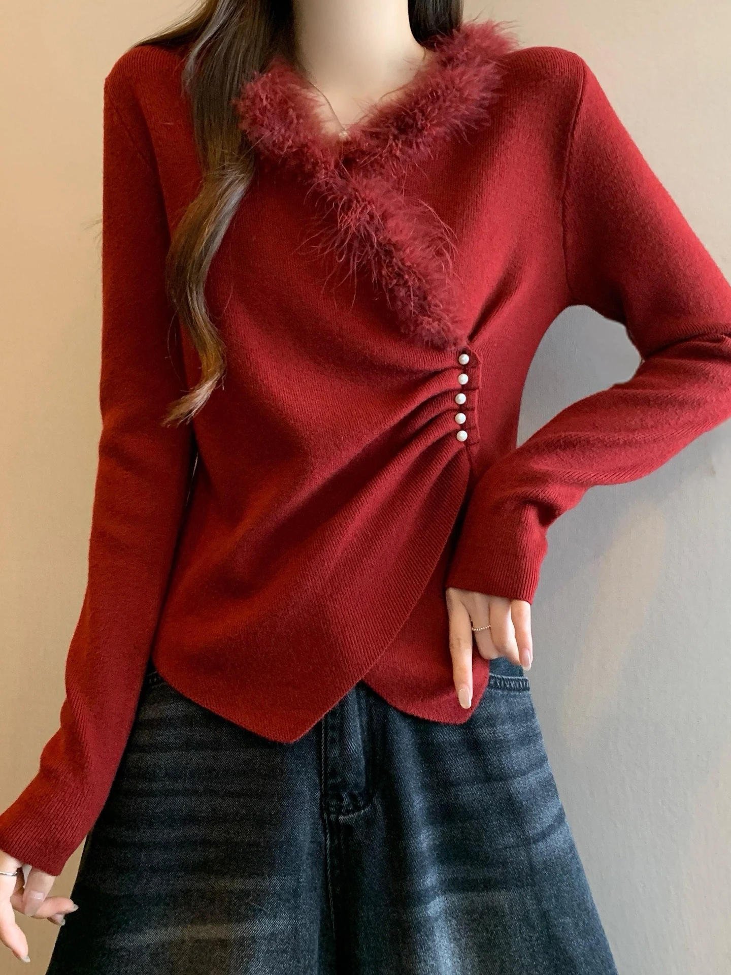 

Красная вязаная норковая кофта с V-образным вырезом для женщин, осенне-зимняя, больших размеров, приталенная, асимметричная, базовый слой, корейский стиль, для повседневной носки, модная