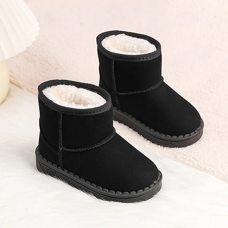 Botas cálidas de nieve para niños, botas antideslizantes a la moda para esquiar, patrón de Color sólido, zapatos de fondo suave y grueso para niños, invierno 2025