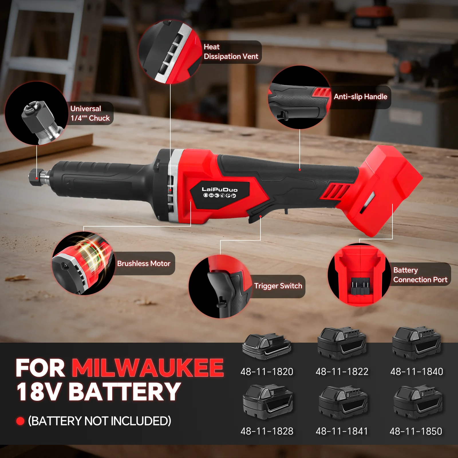 Cordless Die Grinder 25000RPM Brushless 6mm Collet Rotary Tool Metal Grinding Polishing Deburring for Milwaukee 18V Battery Pin
