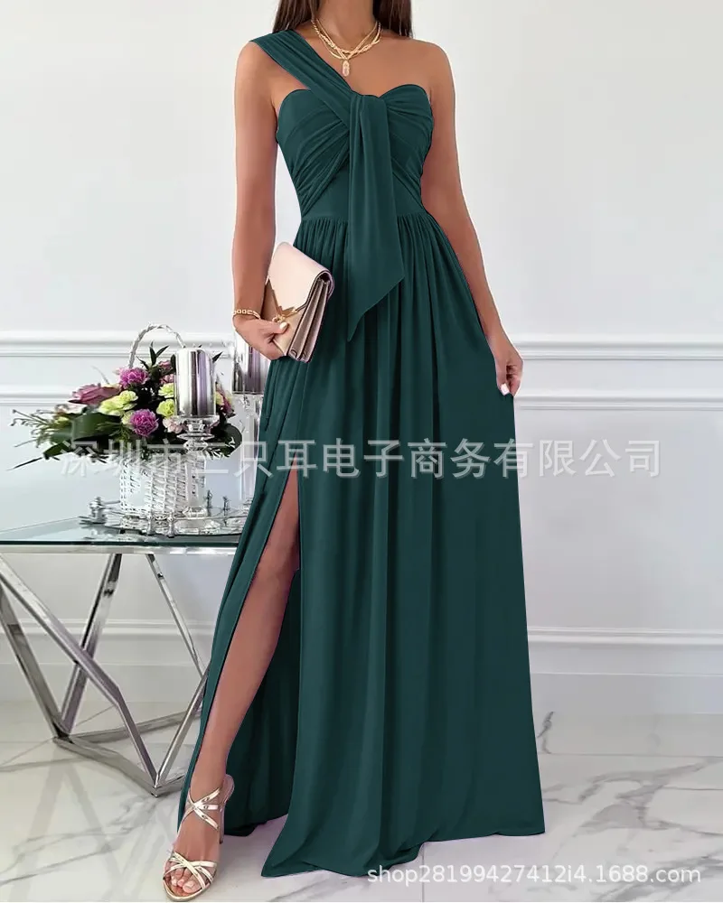Robe maxi fendue sur le côté pour femmes, une initiée, sexy, froncée, plissée, soirée formelle, balançoire, robes longues