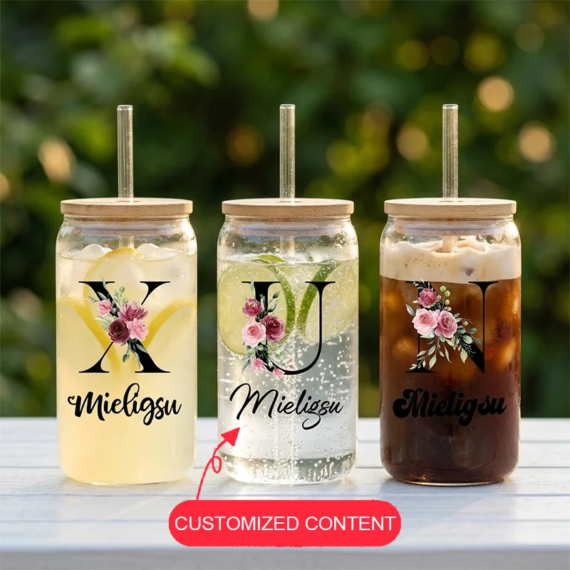 Personalisierte Blumen-Glasbecher mit Deckel, Individuelle Kaffeetasse Geeignet für Milch, Saft, Tee, Feiertagsgeschenk, Geburtstagsgeschenke