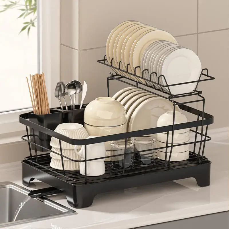 

Double layer dish drain rack for kitchen dish storage
