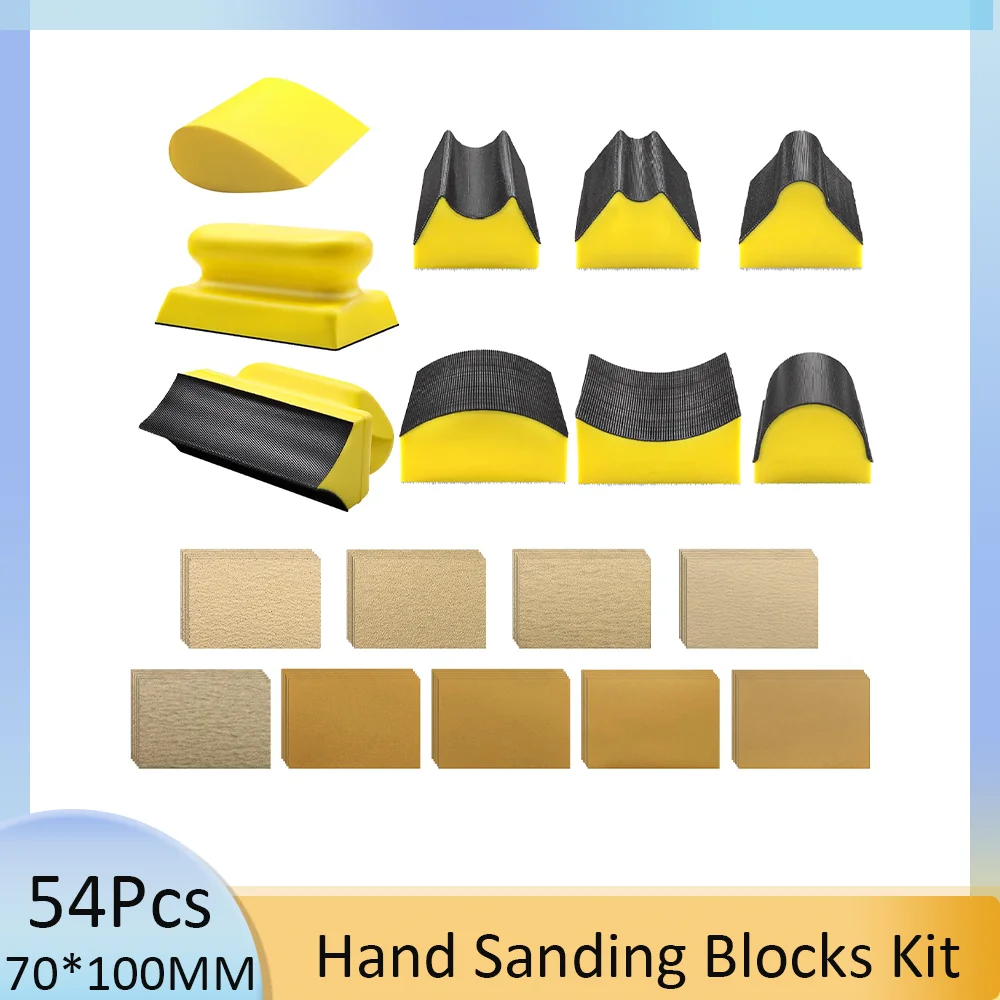 54  Pcs 70*100MM Contoured Hand Sanding Block Interchangeable Assorted Shape with Sandpaper for Auto Woodworking Furniture