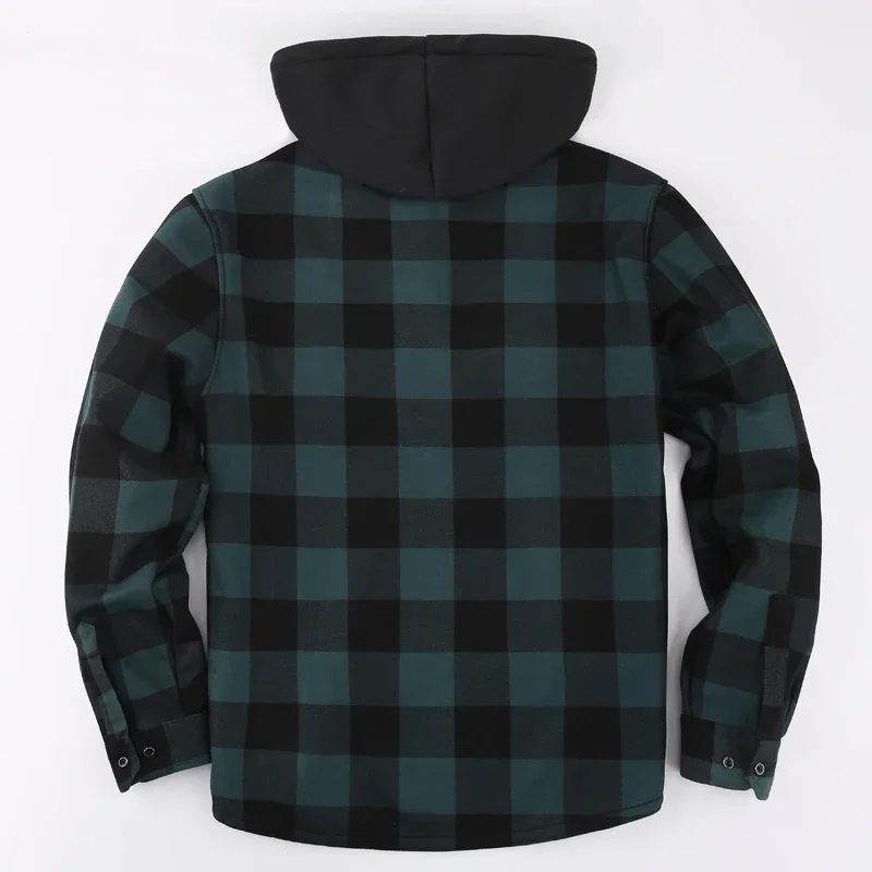 

Mens Green Hooded Plaid Winter Shirt Jacket Casual Fleece Linend Warm Shirt Long Sleeve Western Cowboy Flannel Checkered Chemise