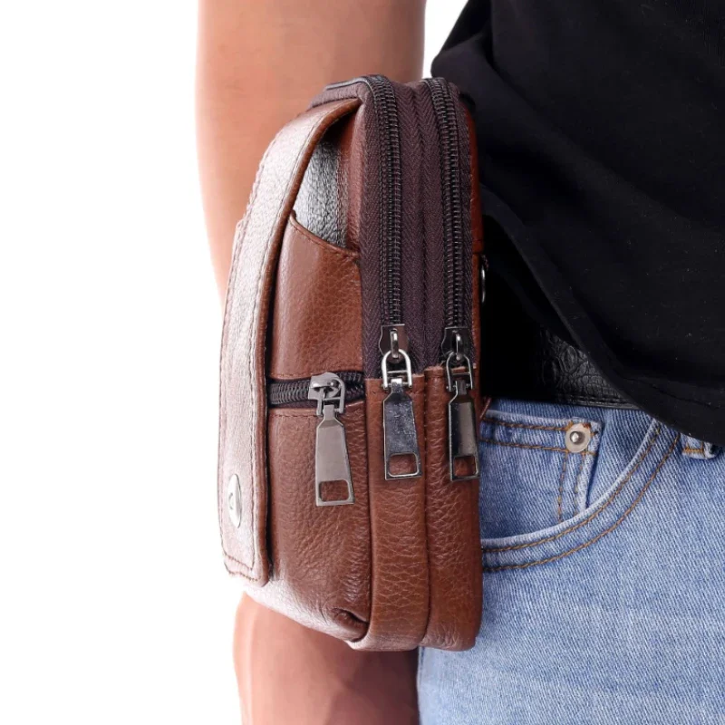 Men Leather Waist Bag Large Capacity Belt Bag Brown Shoulder Bags Crossbody Bags Multi Layer Buckle Mobile Phone Bag Bum Pouch