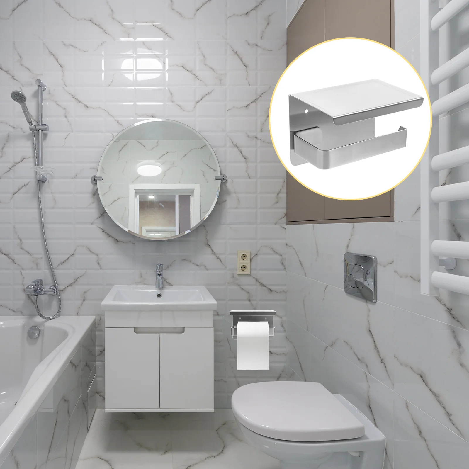 

Toilet Paper Holder Stainless Steel Bathroom Storage Shelf Multipurpose Wall Mounted Roll Rack for Mobile Phones Glasses