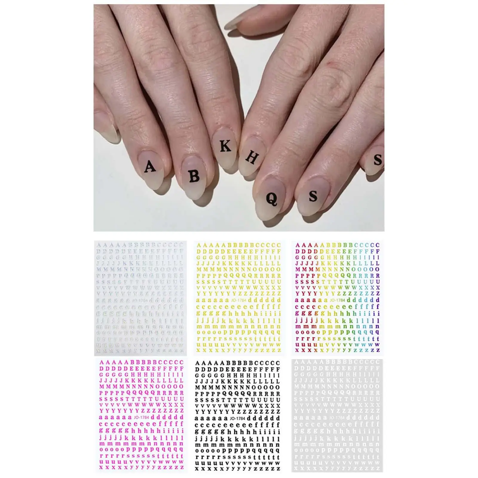 6 Sheets 3 Nail Stickers 26 English Alphabet Multicolor DIY Holographic Nail Decals Decoration for Women Girls