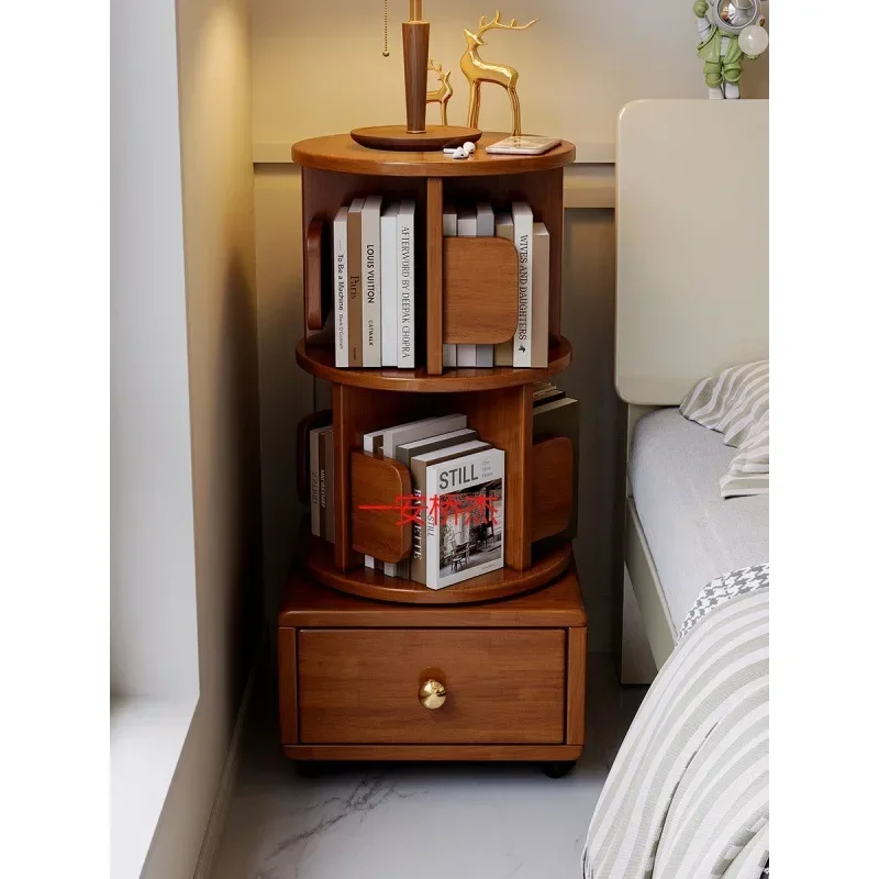 LY all solid wood rotating small bookshelf mobile wheeled bedroom children's bookcase simple bedside table bedside storage