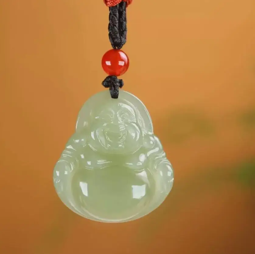 Chinese Natural HeTian Green Jade jadeite Hand-Carved pendant Maitreya Buddha