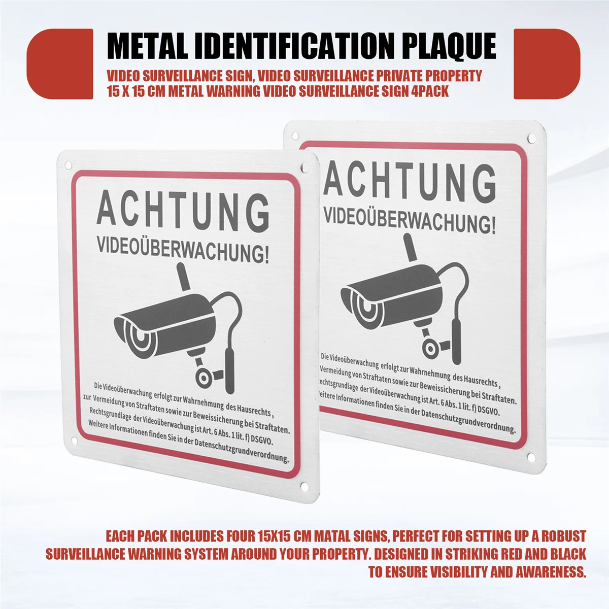 【مخزنة】علامة مراقبة فيديو، ملكية خاصة للمراقبة بالفيديو، علامة مراقبة فيديو تحذيرية معدنية مقاس 15 × 15 سم 4 عبوات