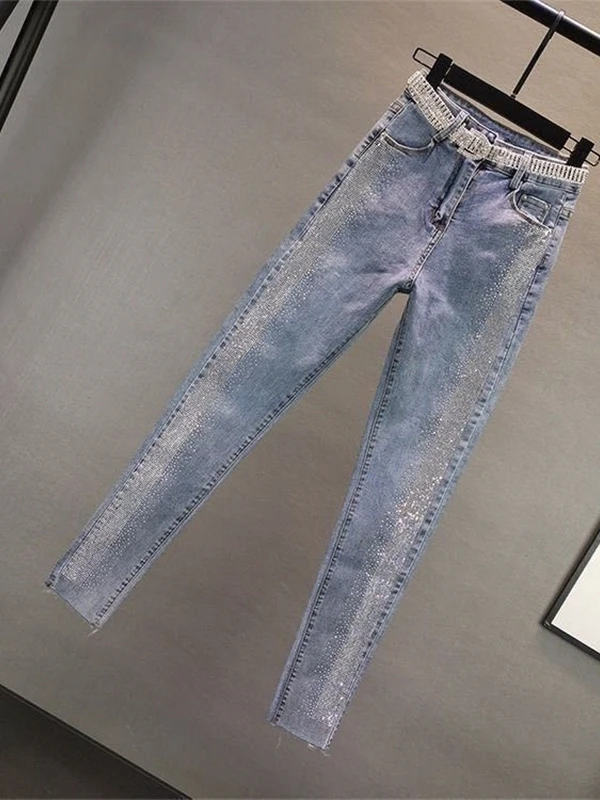 Fashionable Women's Slim Fit Jeans Elastic Heavy Duty Sparkling Small Footed Pencil Pants Trendy Cotton Standard Waist