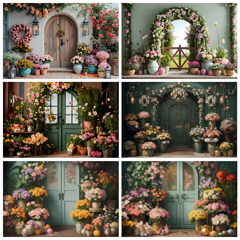 Spring Photography Backdrop Wooden Arch Pink Yellow White Flowers European Lamp Family Party Decor Portrait Photo Background