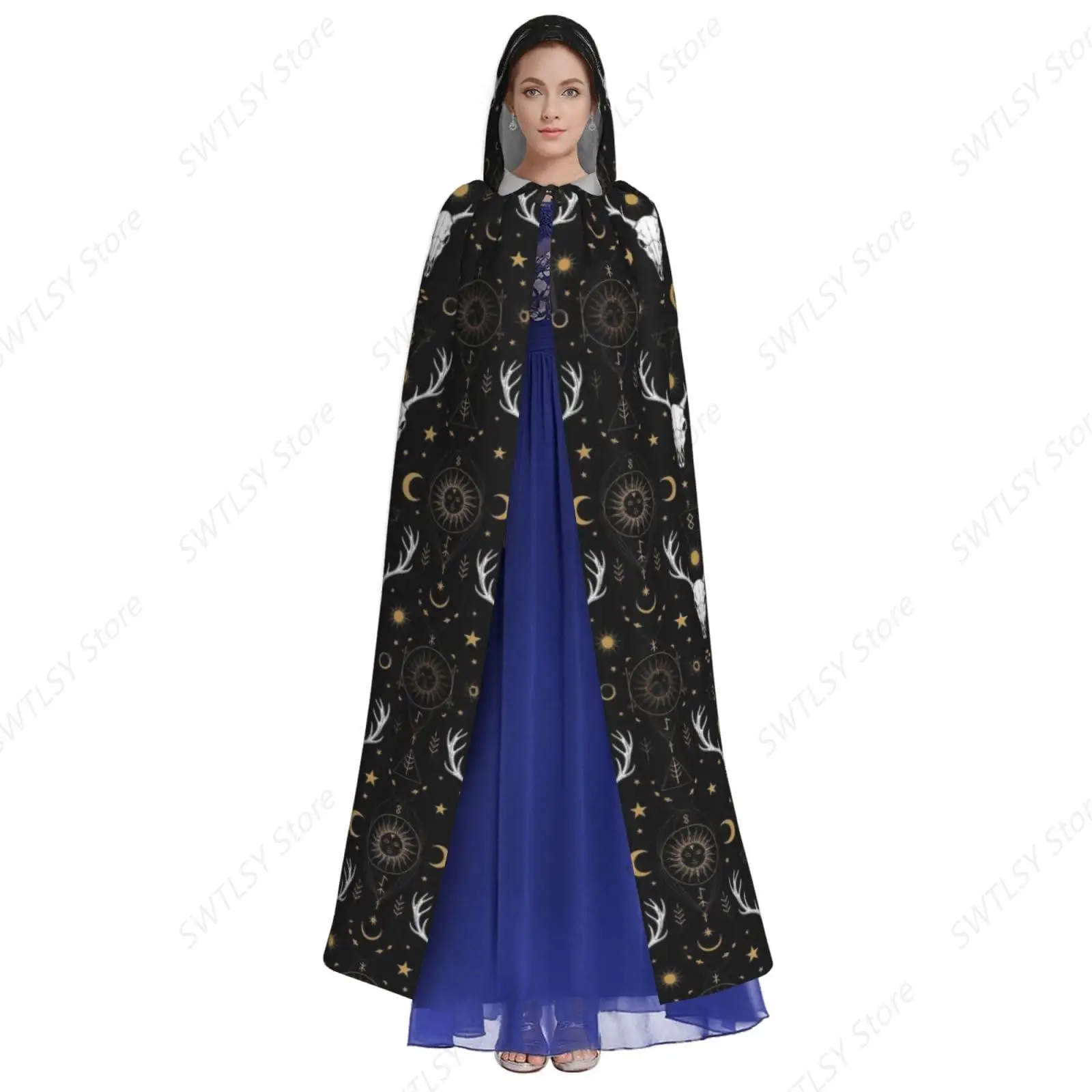 Women Men Hooded Cloak Robe Compatible with Sun Moon Goth Camo Deer Skull, Halloween Cosutme Cape Halloween Wizard Cosplay