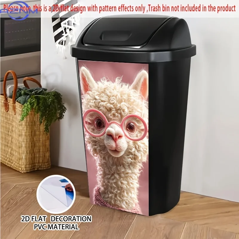 1pc Large Self-Stick Trash Can Decoration - Cute Alpaca with Pink Glasses & Sweater, Peel-and-Stick Bin Stickers for Home, Off
