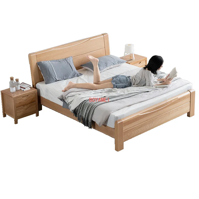 Economic beech solid bed simple Chinese solid bed 1.5m 1.8m double bed bedroom hard bed