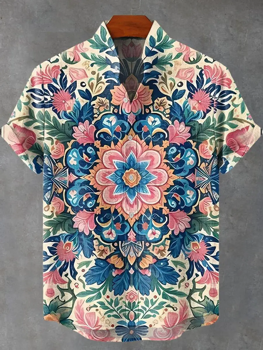 Fashionable summer 3D printed totem style design pattern men's casual linen short sleeved shirt stand collar single row button u