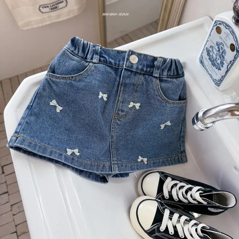 Korean Children Clothing New Half Skirt Summer Girls Embroidered Bow Washed Denim Stylish A-line Half Skirt-pants