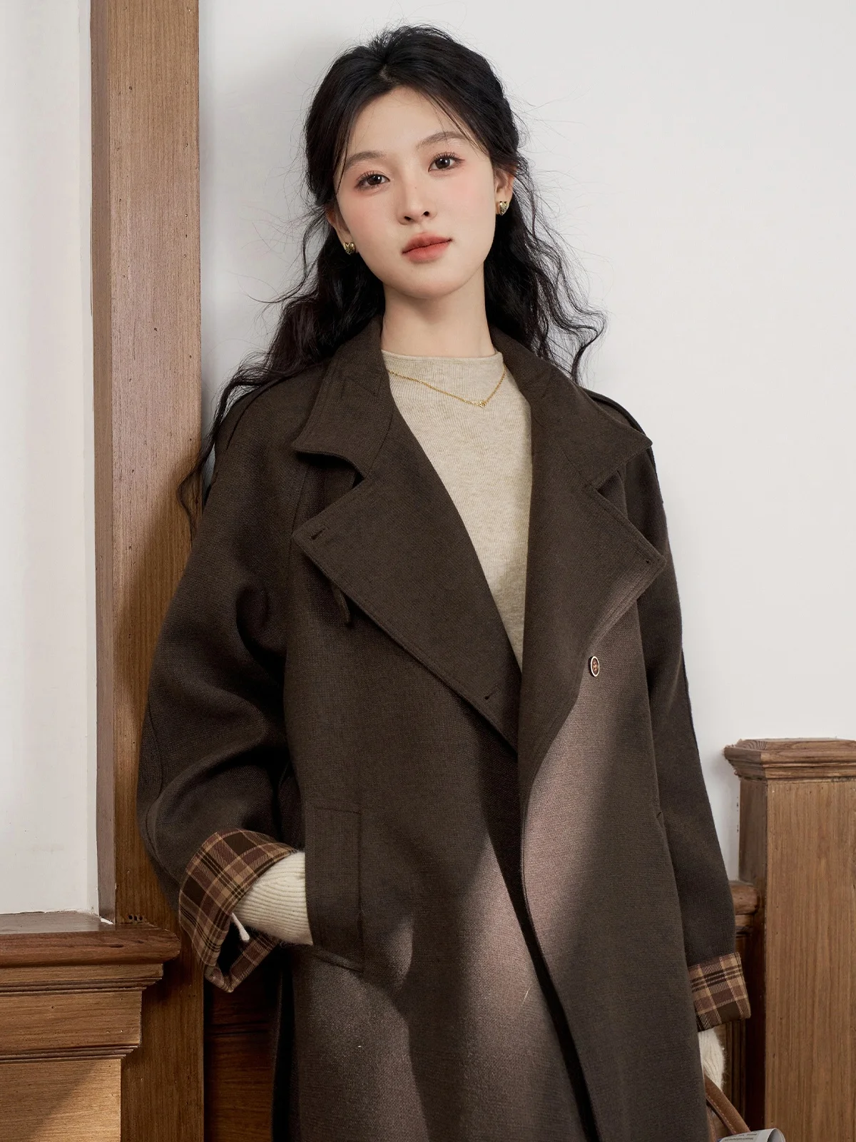 

Warm Loose Women's Woolen Coat Fall Winter New Sle Deep Coffee Color Milk Jelly Outerwear Commute Korean Sle Button Detail