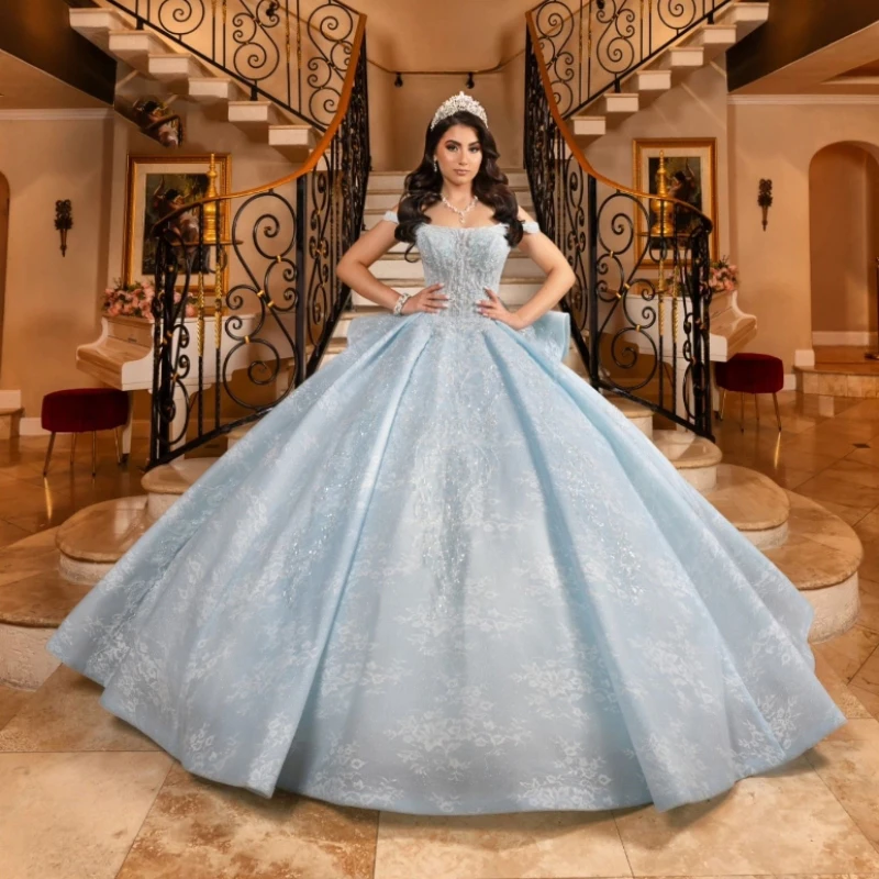 

Luxury Sky Blue Mexican Quinceanera Dressess Off The Shoulder Applique Lace Beads Corset Prom Lace Up vestido 15 quinceañeras