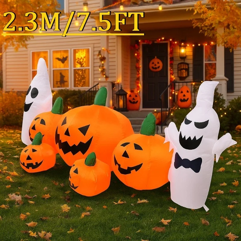 

7.5FT Holiday Lighting Halloween White Ghost Pumpkin Drink Pop Blow Up Decorations Horror Party Decor for Indoor Pathway Yard