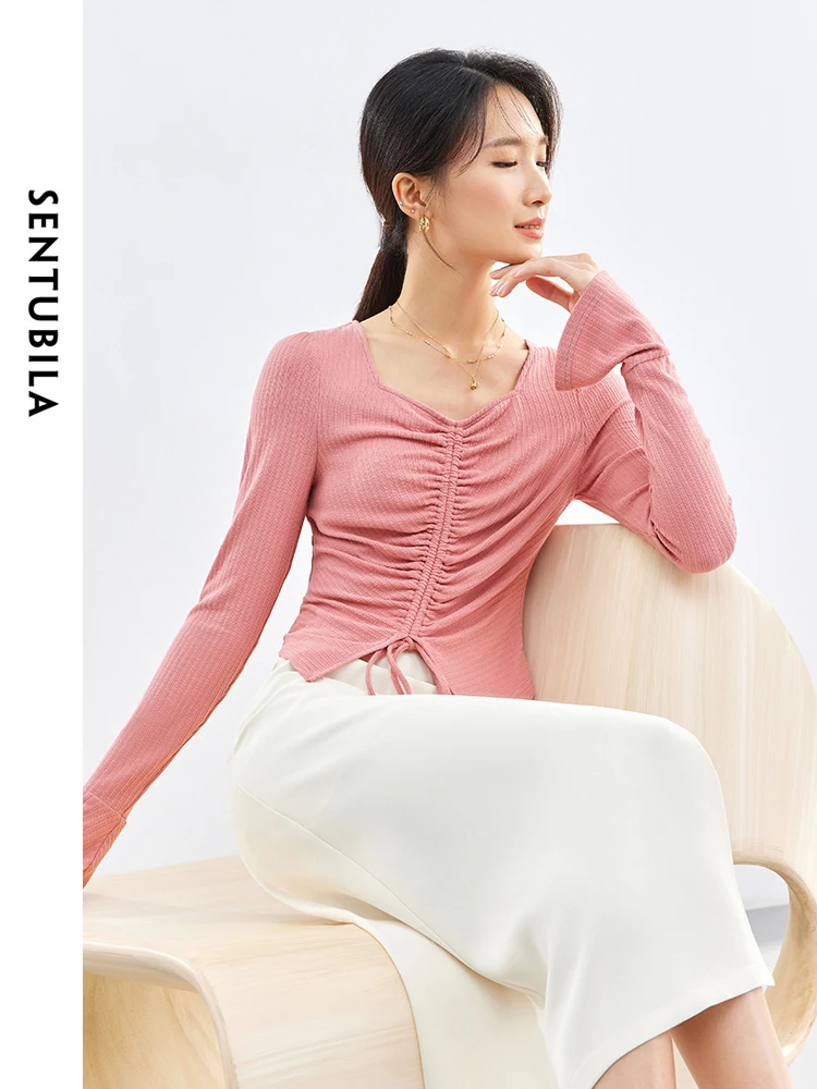 

SENTUBILA Sweet Elegant Square Collar Cropped Knitted Pullovers 2024 Spring Soft Long Sleeve Knit Tops Female Knitwear 141T53314