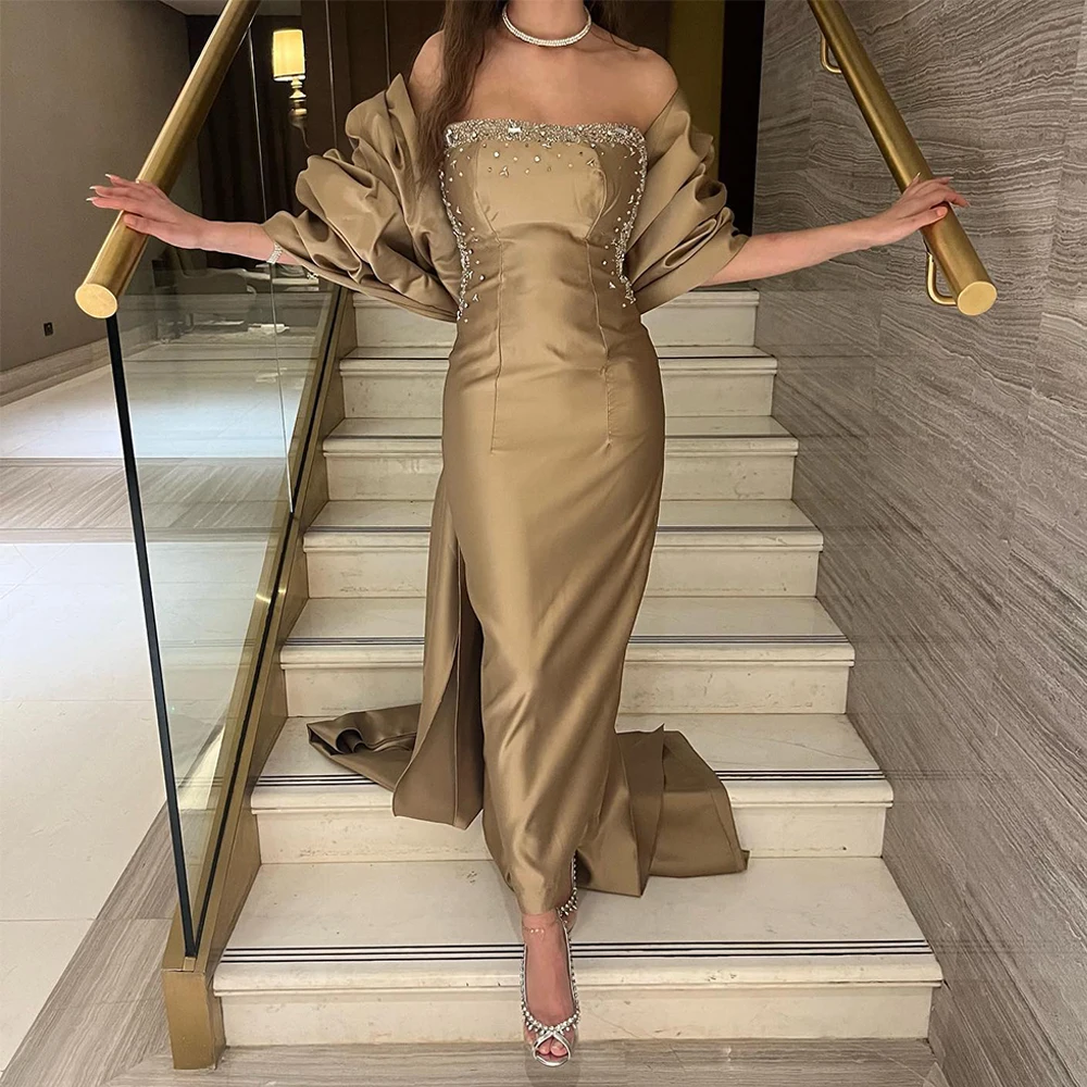 

Elegant and Formal Women's Dresses Customized Satin Evening Dress Modern Strapless Crystal Court Train Special Occasion Gowns