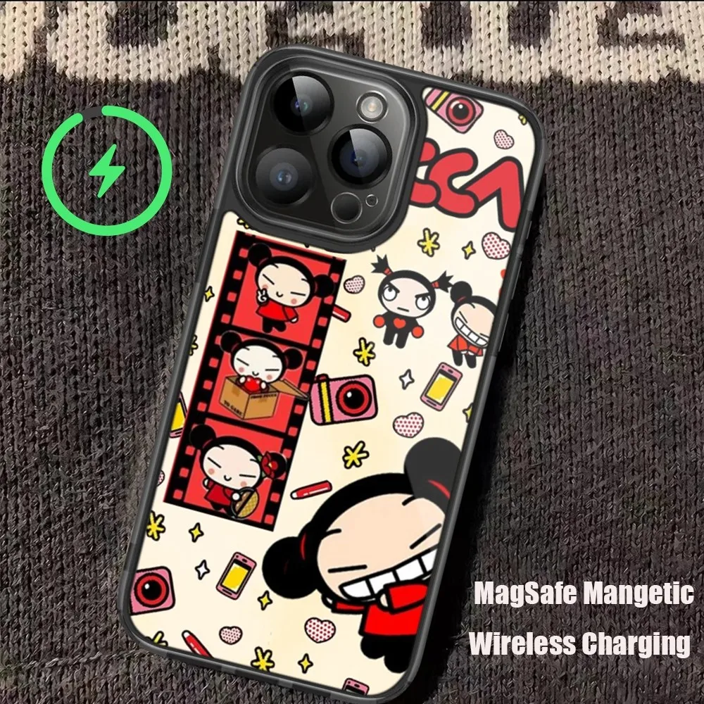 MINISO Cartoon P-Pucca G-Garu Phone Case For iPhone 11 12 13 14 15 Pro Max Plus Mini Magsafe Magnetic Wireless Charging Shell